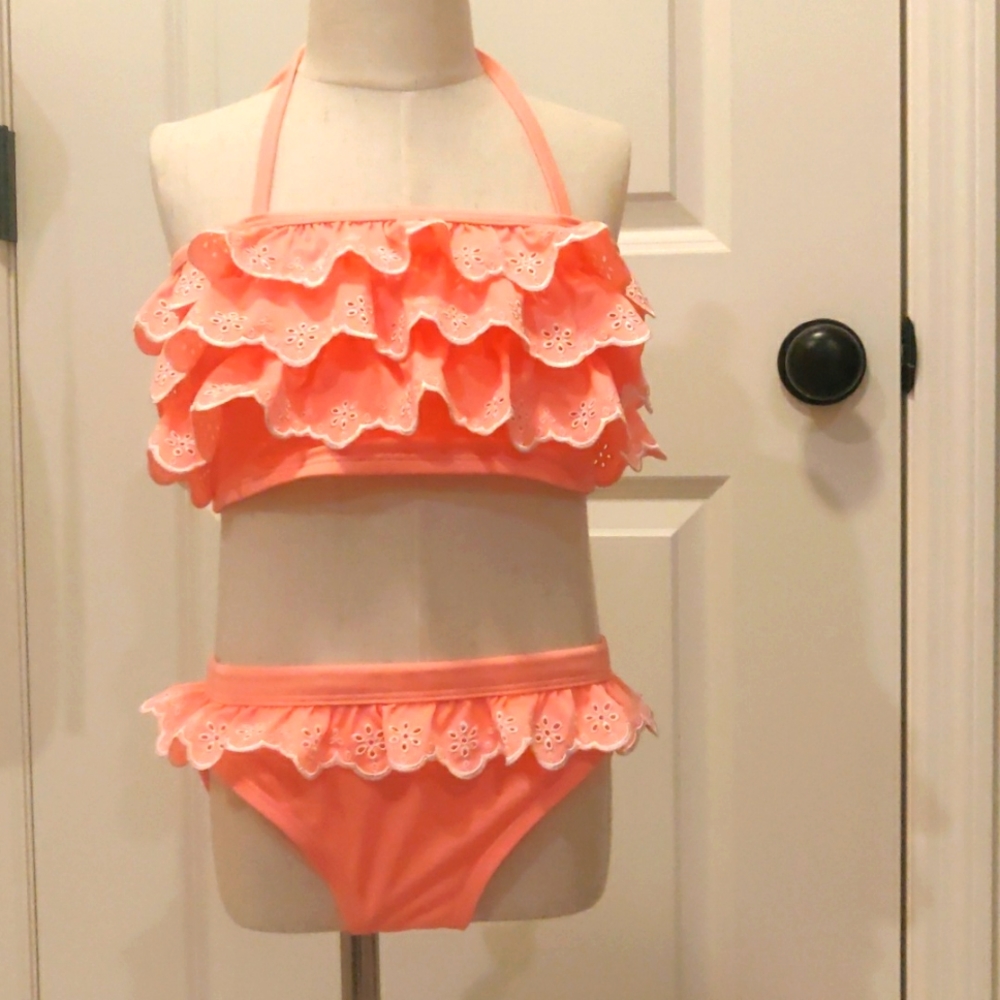 Gymboree Girl Swim multi/Tangerine color Ruffle 4-Piece Swimsuit lot sz L 10-12